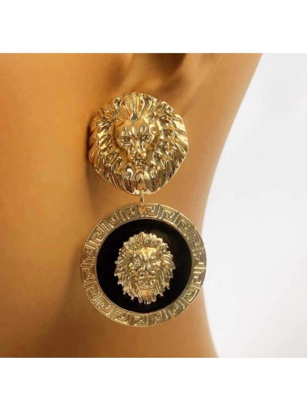 Lion Head Gold Plated & Black Enamel Gorgeous Designer Inspired Earrings